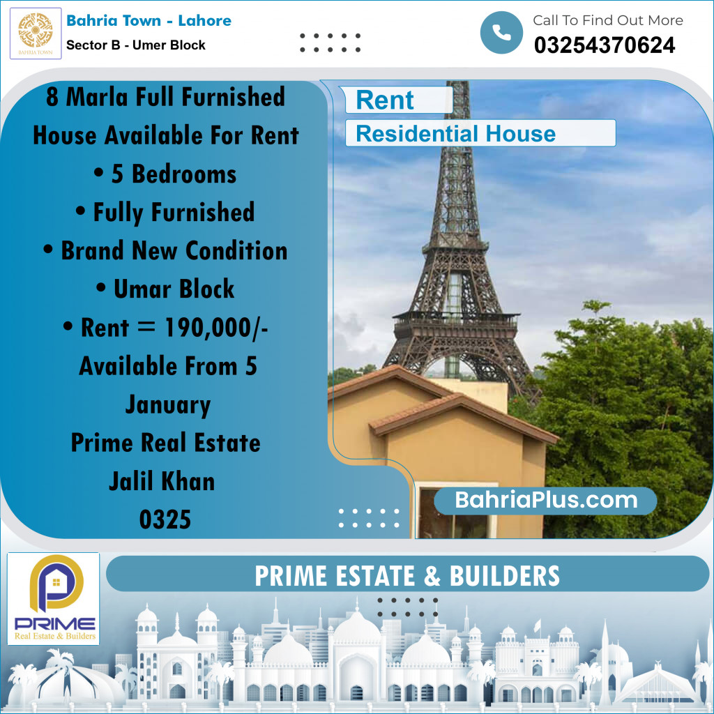 8 Marla Residential House for Rent in Sector B - Umer Block -  Bahria Town, Lahore - (BP-281082)