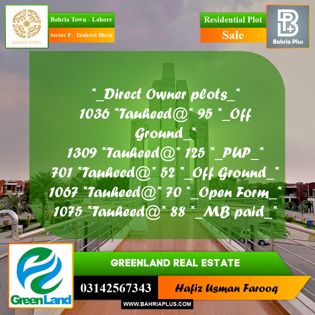 10 Marla Residential Plot for Sale in Sector F - Tauheed Block -  Bahria Town, Lahore - (BP-281146)
