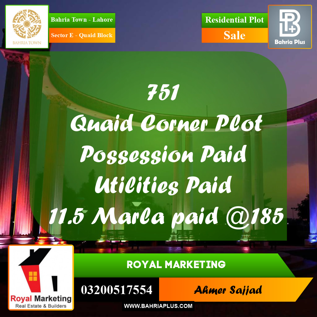 11.5 Marla Residential Plot for Sale in Sector E - Quaid Block -  Bahria Town, Lahore - (BP-281206)