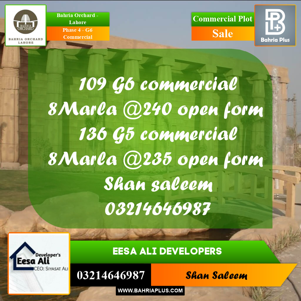 8 Marla Commercial Plot for Sale in Phase 4 - G6 Commercial -  Bahria Orchard, Lahore - (BP-281275)
