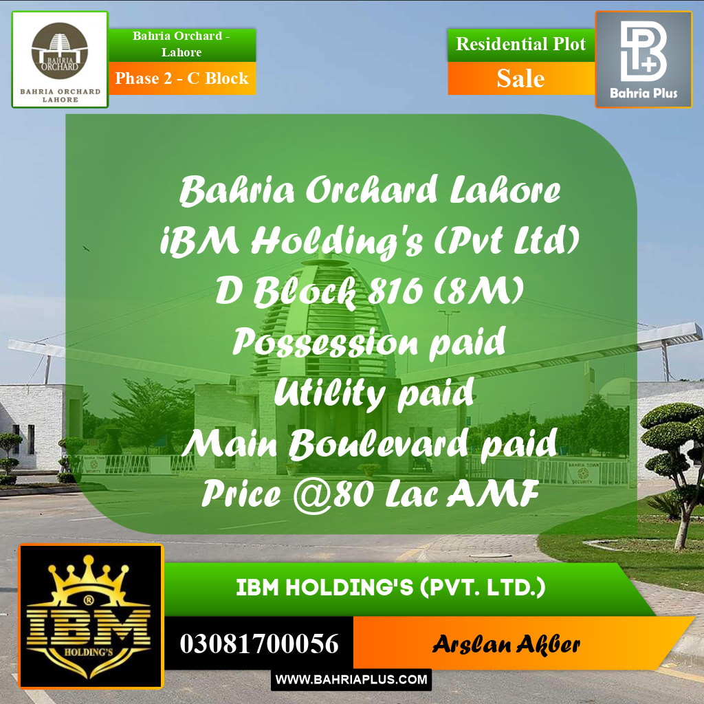 8 Marla Residential Plot for Sale in Phase 2 - C Block -  Bahria Orchard, Lahore - (BP-281300)