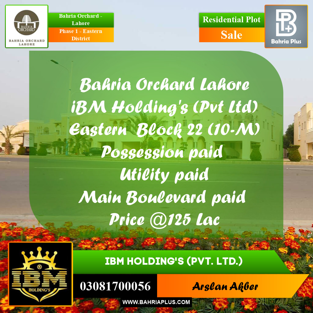 10 Marla Residential Plot for Sale in Phase 1 - Eastern District -  Bahria Orchard, Lahore - (BP-281302)