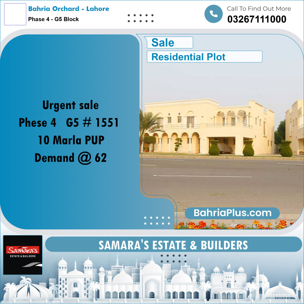 10 Marla Residential Plot for Sale in Phase 4 - G5 Block -  Bahria Orchard, Lahore - (BP-281423)