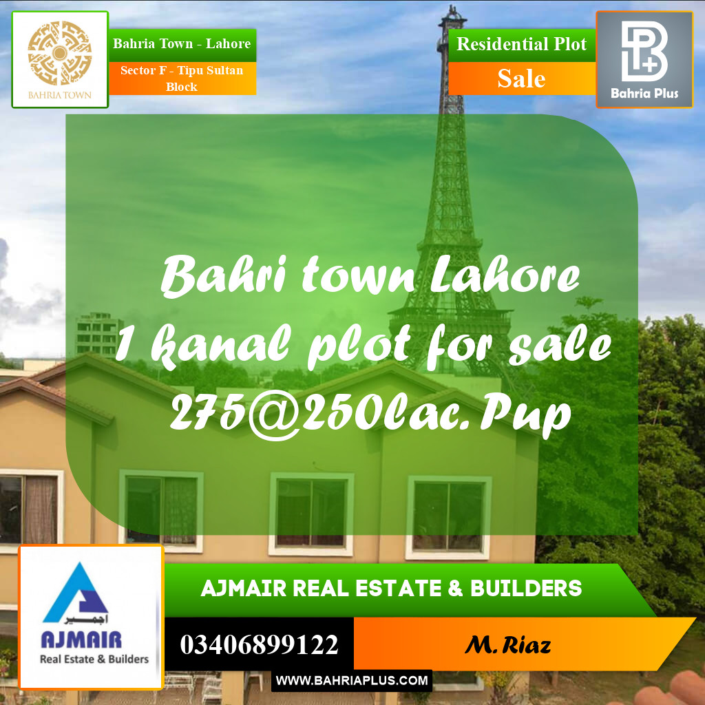 1 Kanal Residential Plot for Sale in Sector F - Tipu Sultan Block -  Bahria Town, Lahore - (BP-281483)