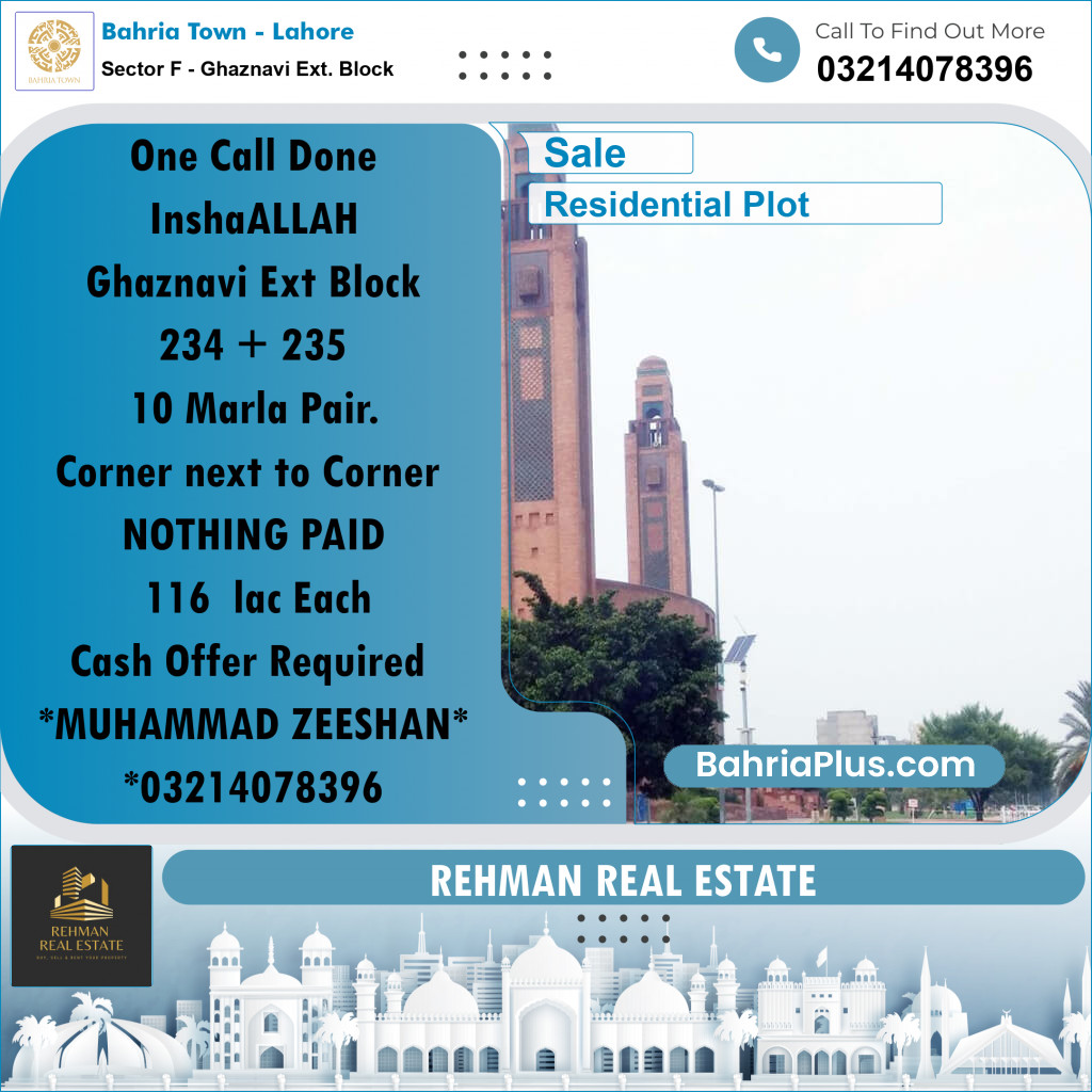 10 Marla Residential Plot for Sale in Sector F - Ghaznavi Ext. Block -  Bahria Town, Lahore - (BP-281725)