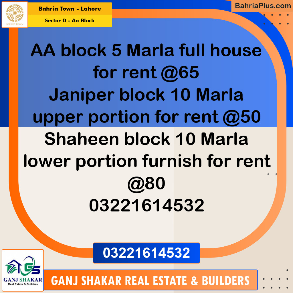 5 Marla Residential House for Rent in Sector D - AA Block -  Bahria Town, Lahore - (BP-281730)