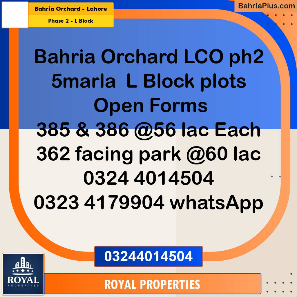 Residential Plot for Sale in Phase 2 - L Block -  Bahria Orchard, Lahore - (BP-281830)