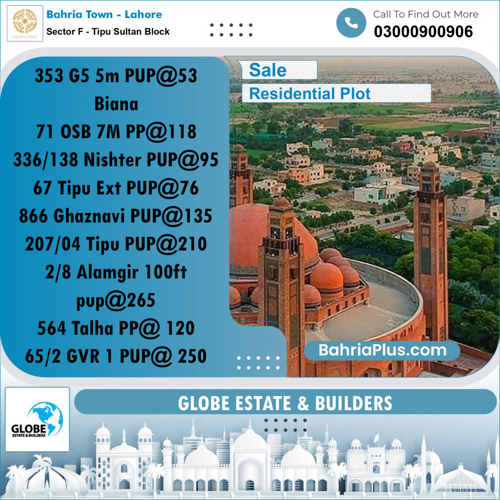 Residential Plot for Sale in Sector F - Tipu Sultan Block -  Bahria Town, Lahore - (BP-281865)