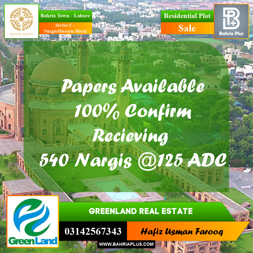 10 Marla Residential Plot for Sale in Sector C - Nargis/Hussain Block -  Bahria Town, Lahore - (BP-281904)