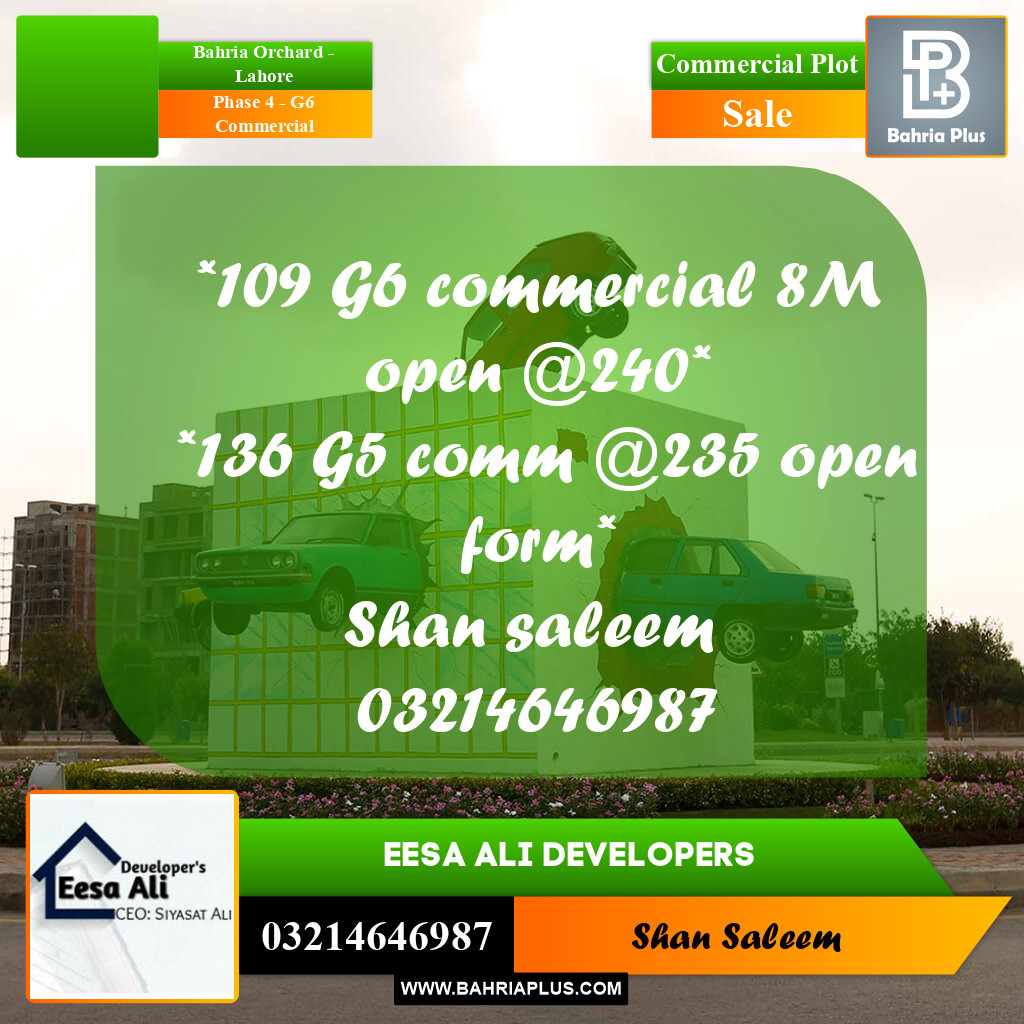 8 Marla Commercial Plot for Sale in Phase 4 - G6 Commercial -  Bahria Orchard, Lahore - (BP-281935)