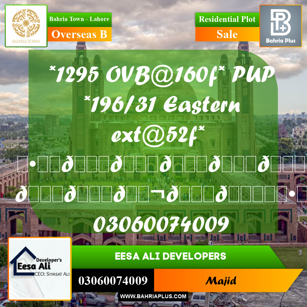 Residential Plot for Sale in Overseas B -  Bahria Town, Lahore - (BP-281971)