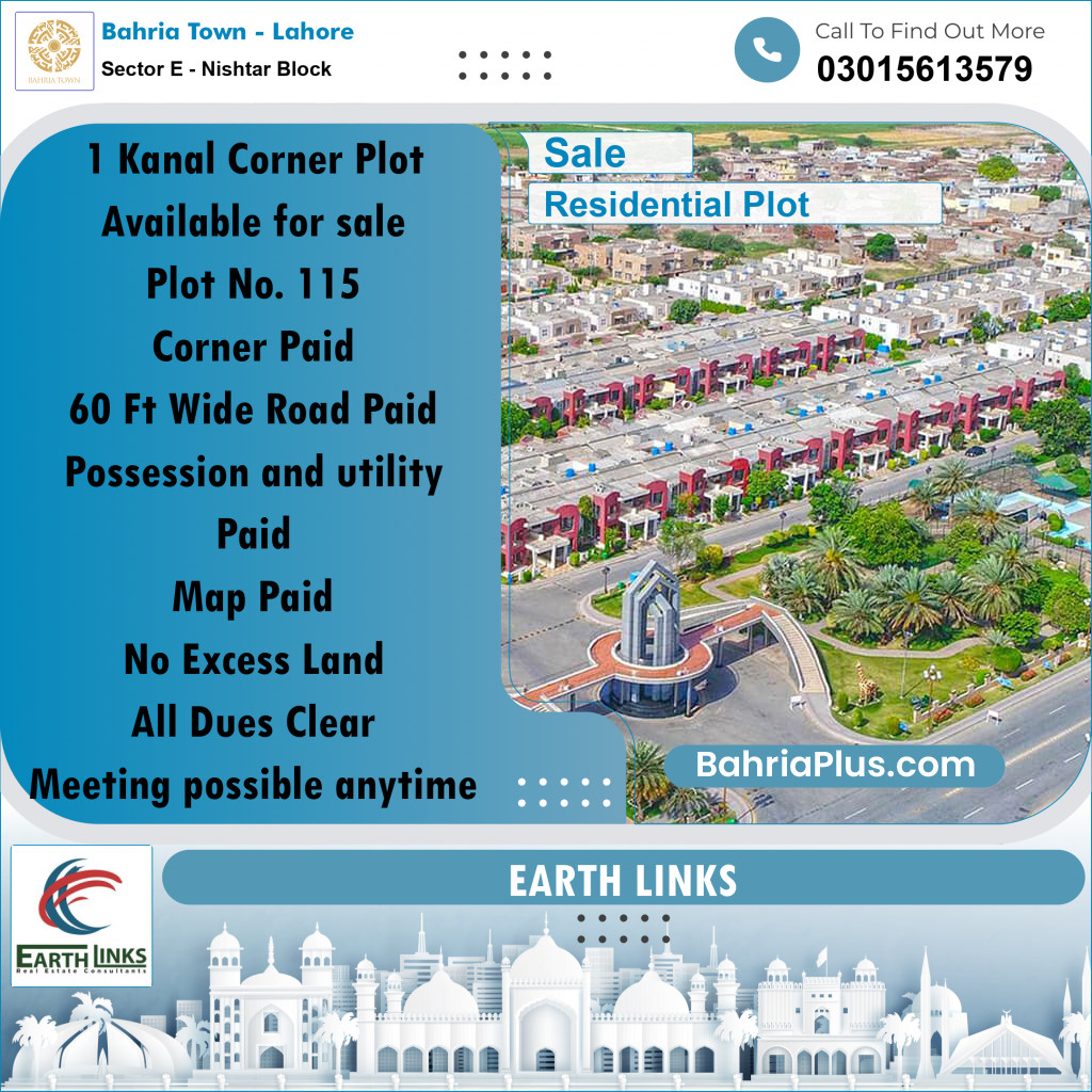 1 Kanal Residential Plot for Sale in Sector E - Nishtar Block -  Bahria Town, Lahore - (BP-282008)