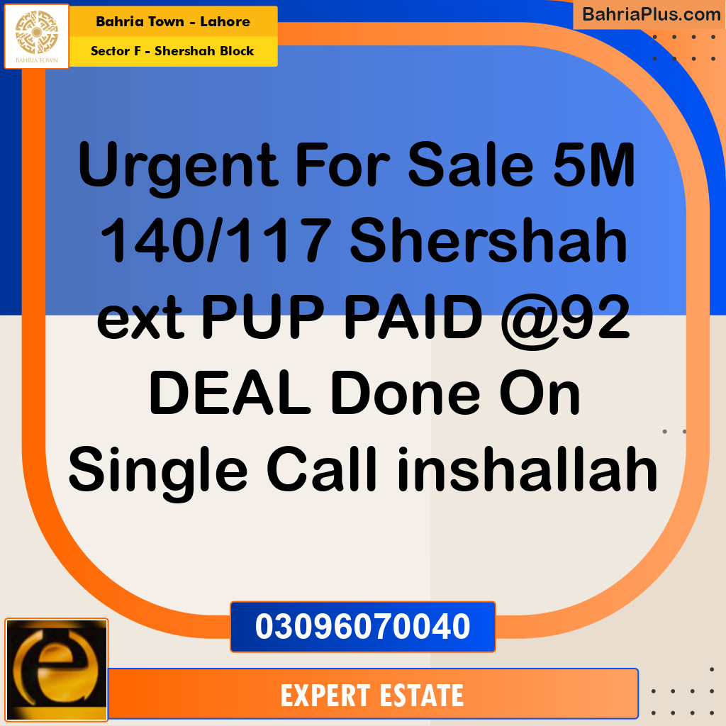 5 Marla Residential Plot for Sale in Sector F - Shershah Block -  Bahria Town, Lahore - (BP-282014)