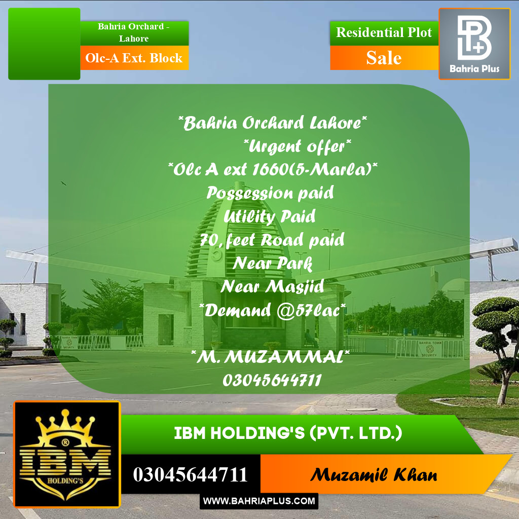5 Marla Residential Plot for Sale in OLC-A Ext. Block -  Bahria Orchard, Lahore - (BP-282052)