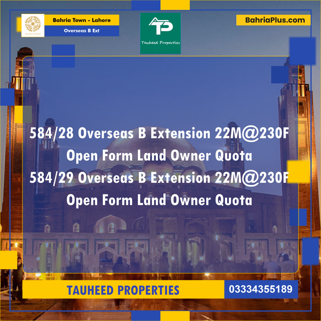 22 Marla Residential Plot for Sale in Overseas B Ext -  Bahria Town, Lahore - (BP-282114)