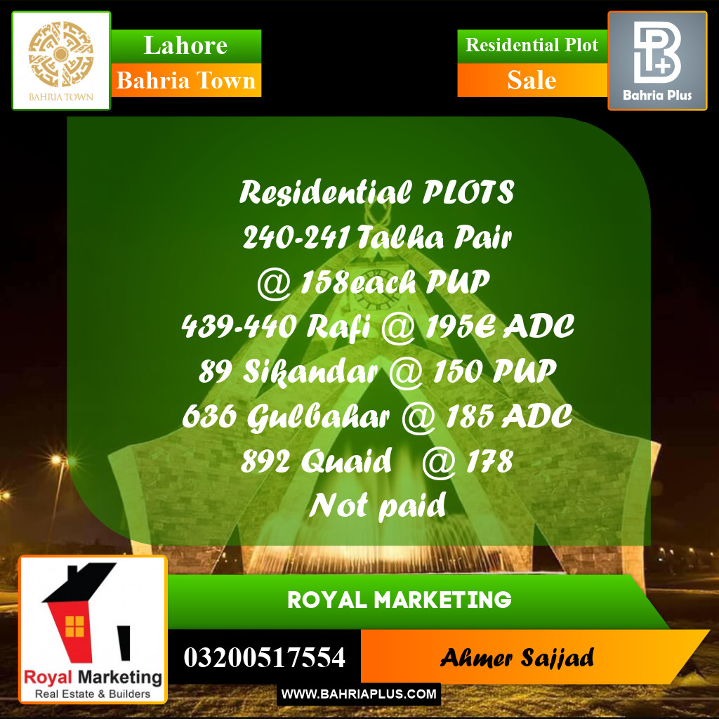 Residential Plot for Sale in Bahria Town, Lahore - (BP-282120)