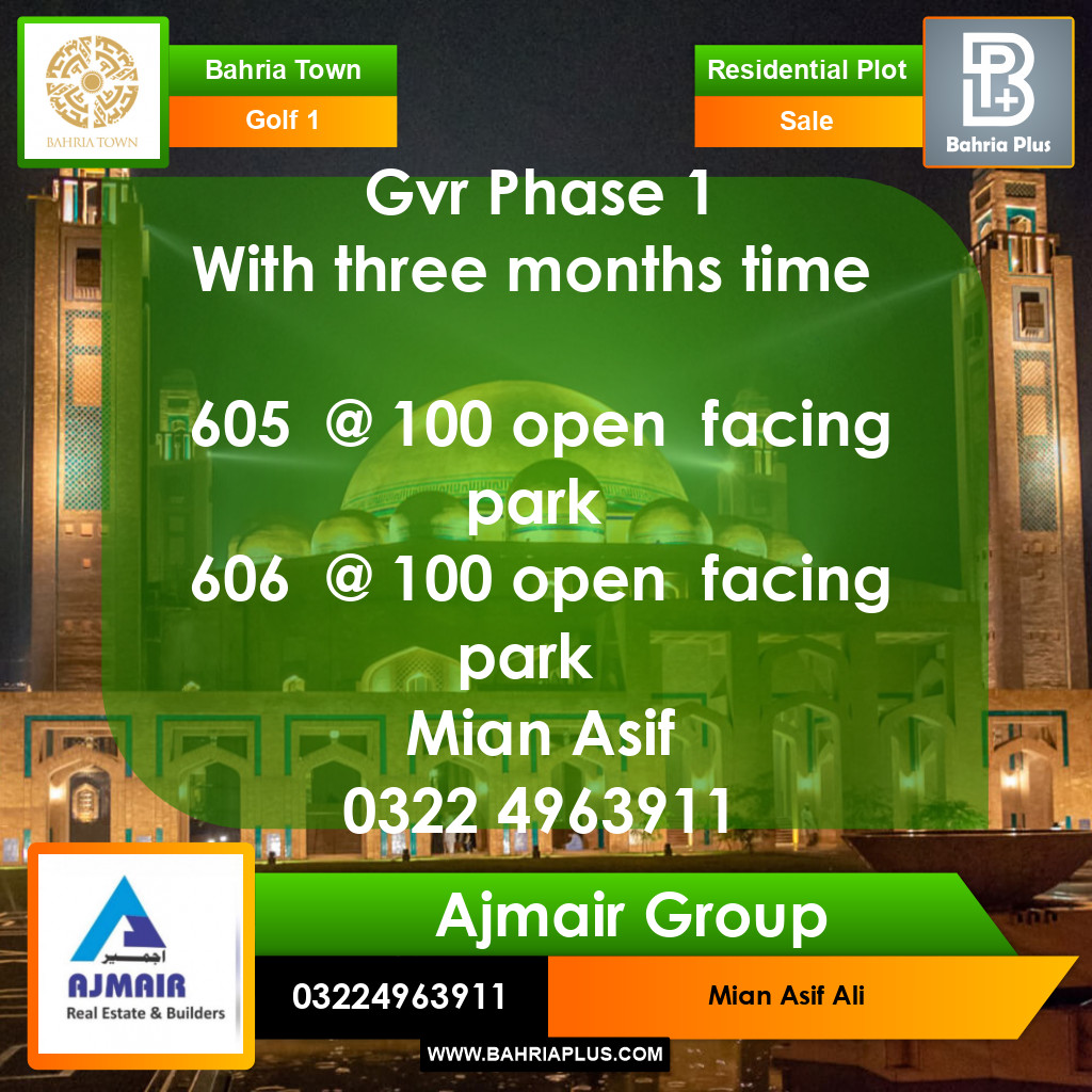 Residential Plot for Sale in Golf Phase 1 -  Bahria Town, Lahore - (BP-282172)