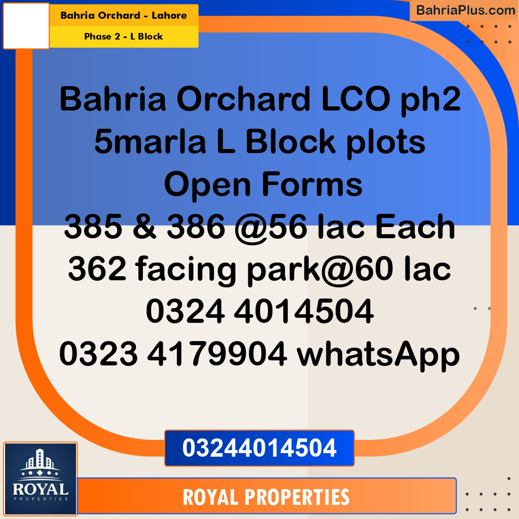 Residential Plot for Sale in Phase 2 - L Block -  Bahria Orchard, Lahore - (BP-282197)