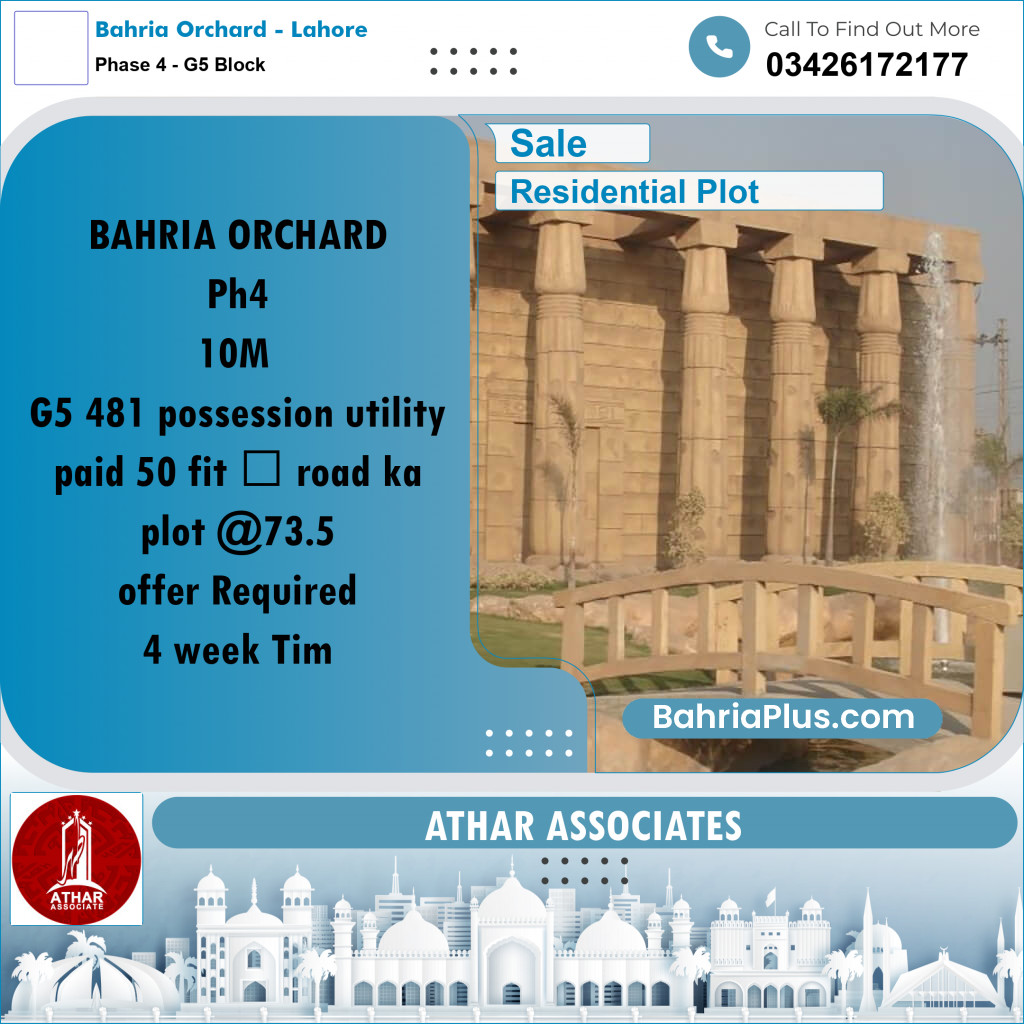 10 Marla Residential Plot for Sale in Phase 4 - G5 Block -  Bahria Orchard, Lahore - (BP-282273)