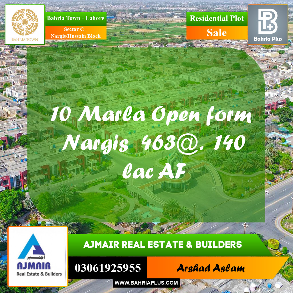 10 Marla Residential Plot for Sale in Sector C - Nargis/Hussain Block -  Bahria Town, Lahore - (BP-282425)
