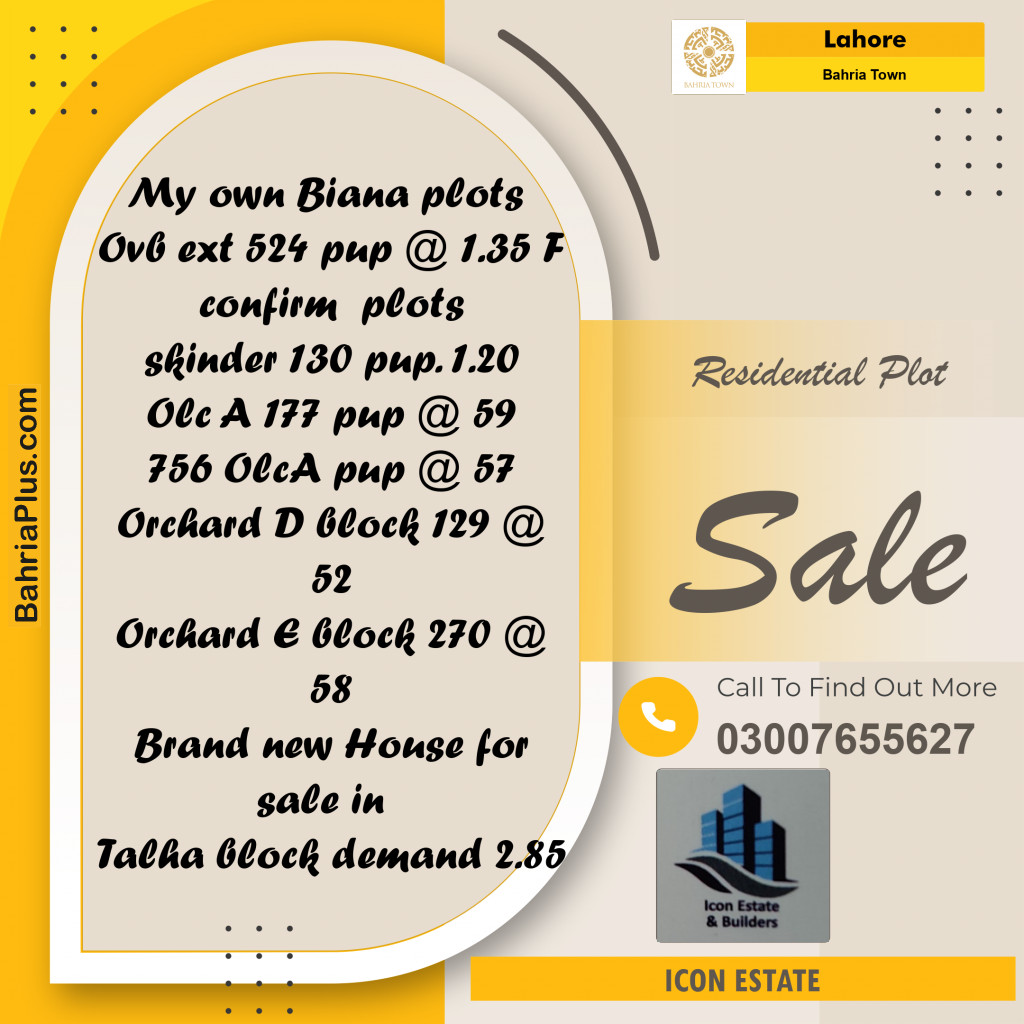 Residential Plot for Sale in Bahria Town, Lahore - (BP-282630)