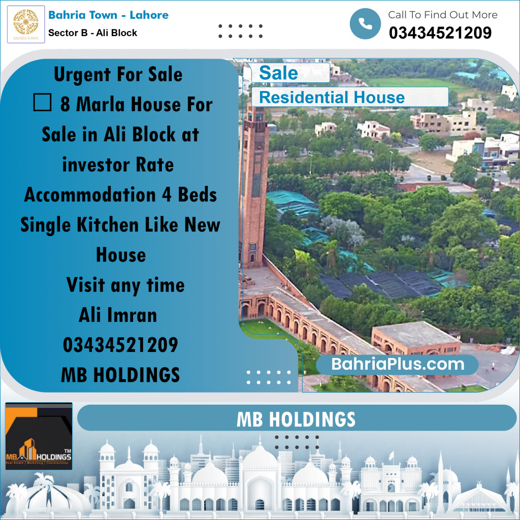 8 Marla Residential House for Sale in Sector B - Ali Block -  Bahria Town, Lahore - (BP-282697)
