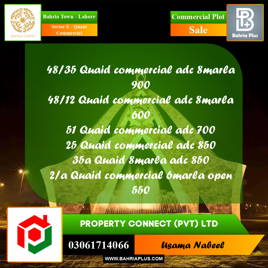 Commercial Plot for Sale in Sector E - Quaid Commercial -  Bahria Town, Lahore - (BP-282700)