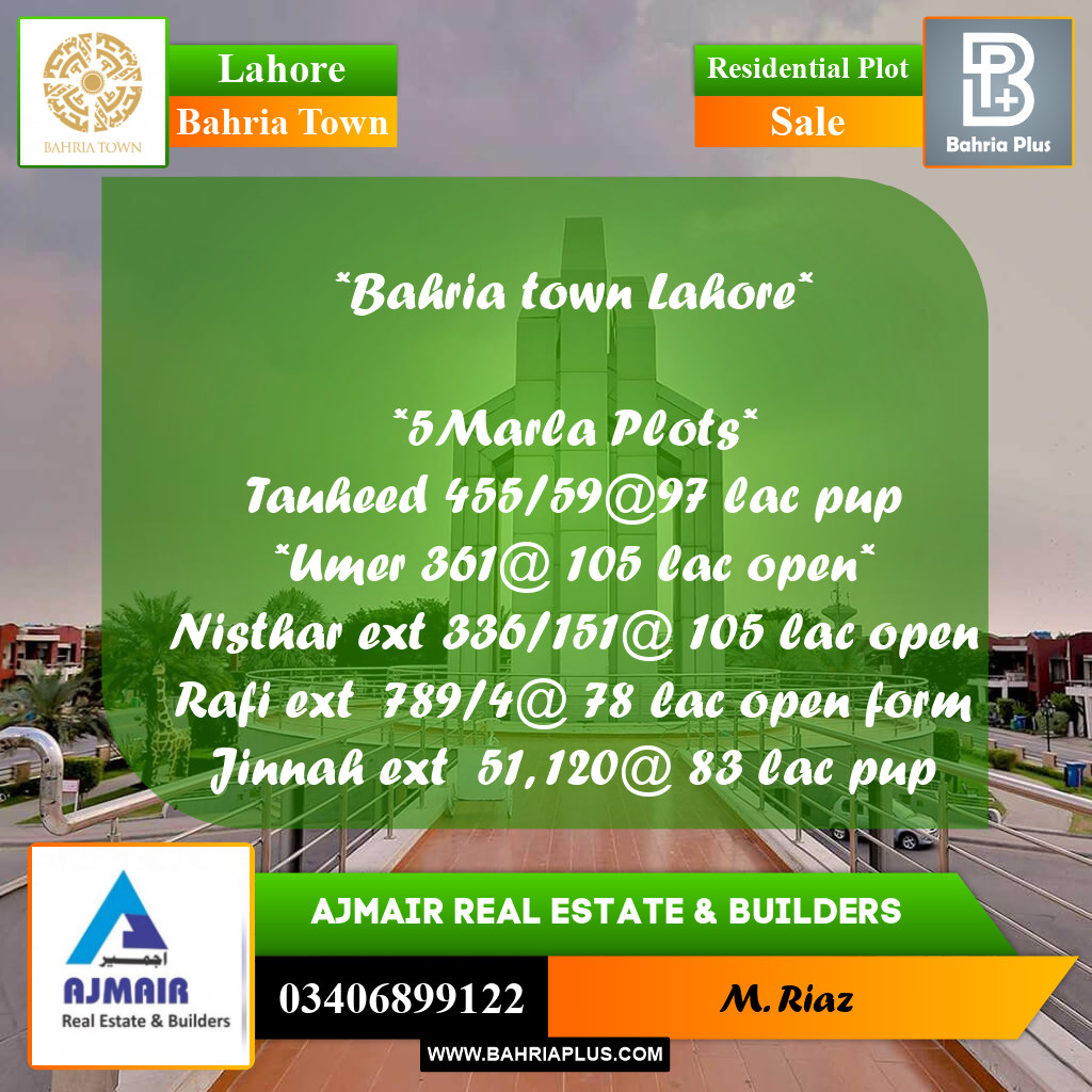 5 Marla Residential Plot for Sale in Bahria Town, Lahore - (BP-282789)