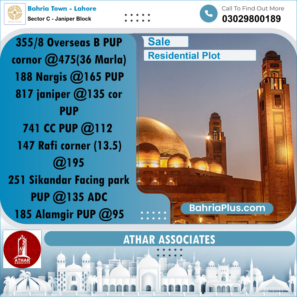 10 Marla Residential Plot for Sale in Sector C - Janiper Block -  Bahria Town, Lahore - (BP-282823)