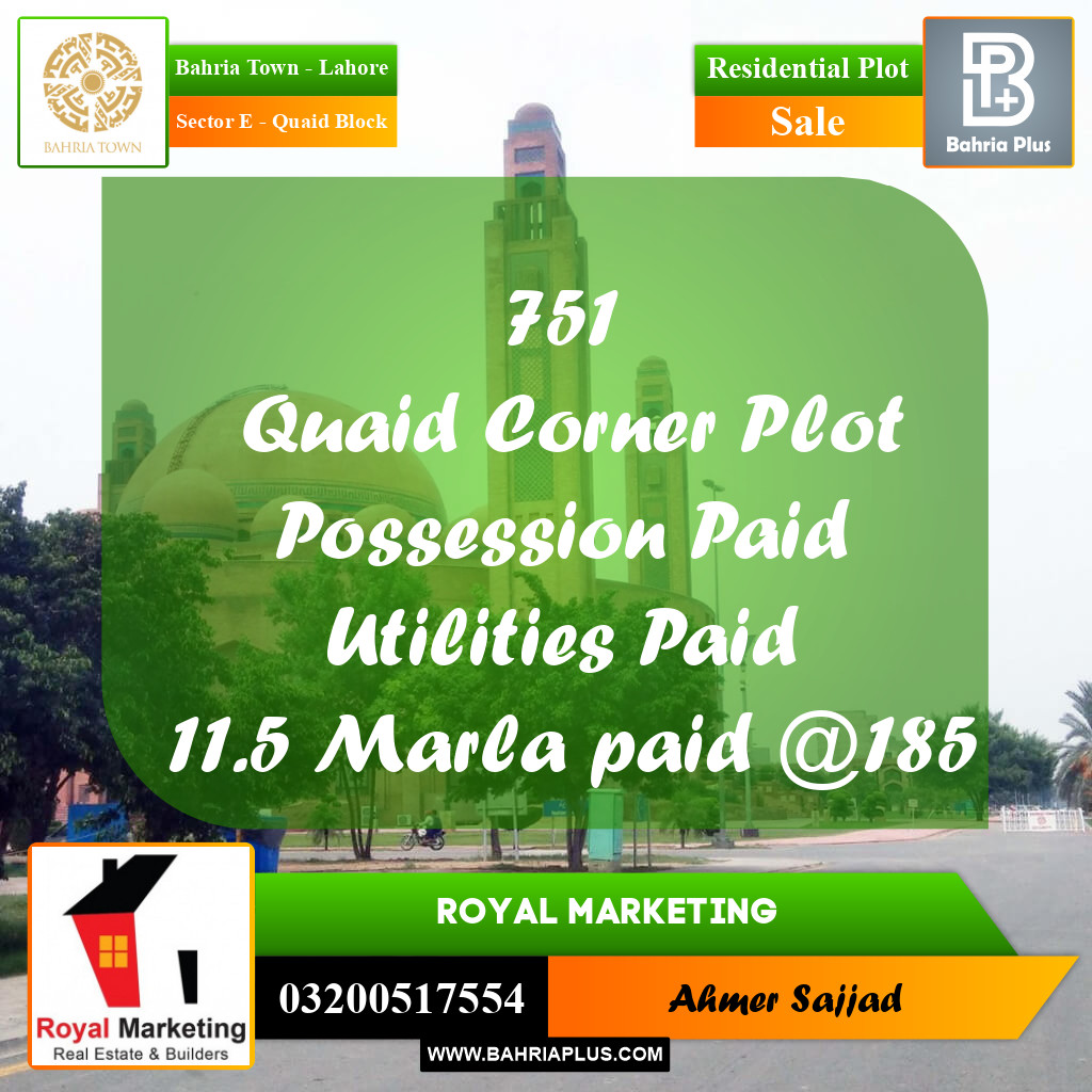 11.5 Marla Residential Plot for Sale in Sector E - Quaid Block -  Bahria Town, Lahore - (BP-282883)