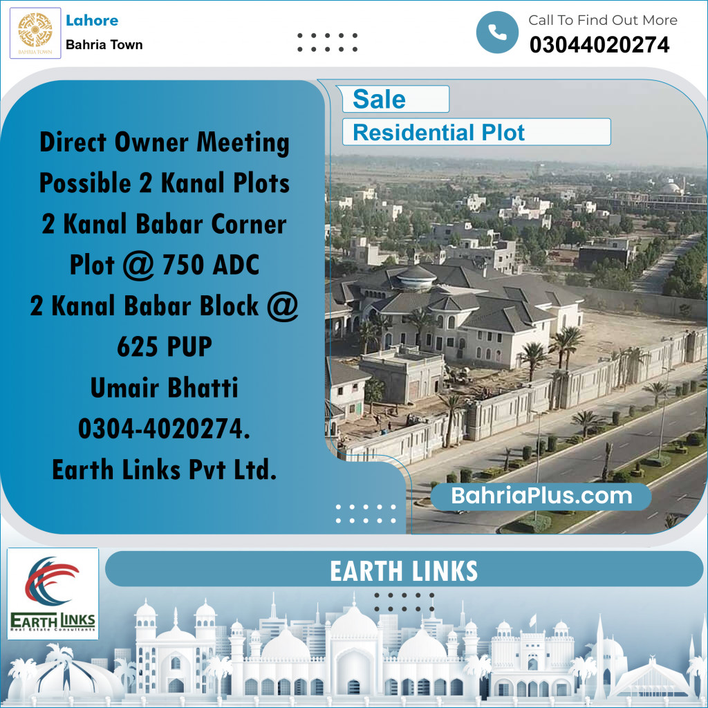 2 Kanal Residential Plot for Sale in Bahria Town, Lahore - (BP-283052)