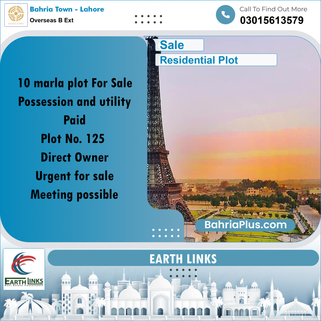 10 Marla Residential Plot for Sale in Overseas B Ext -  Bahria Town, Lahore - (BP-283135)
