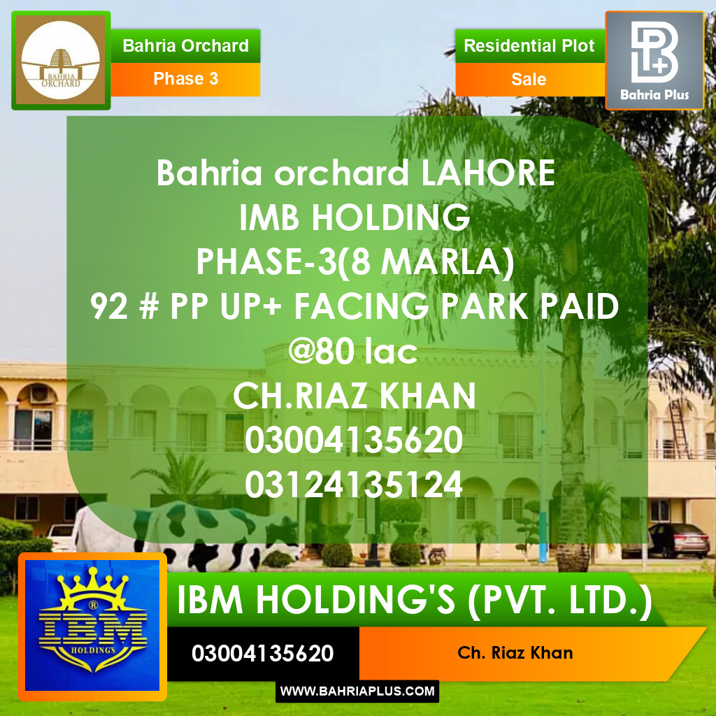 8 Marla Residential Plot for Sale in Phase 3 -  Bahria Orchard, Lahore - (BP-283265)