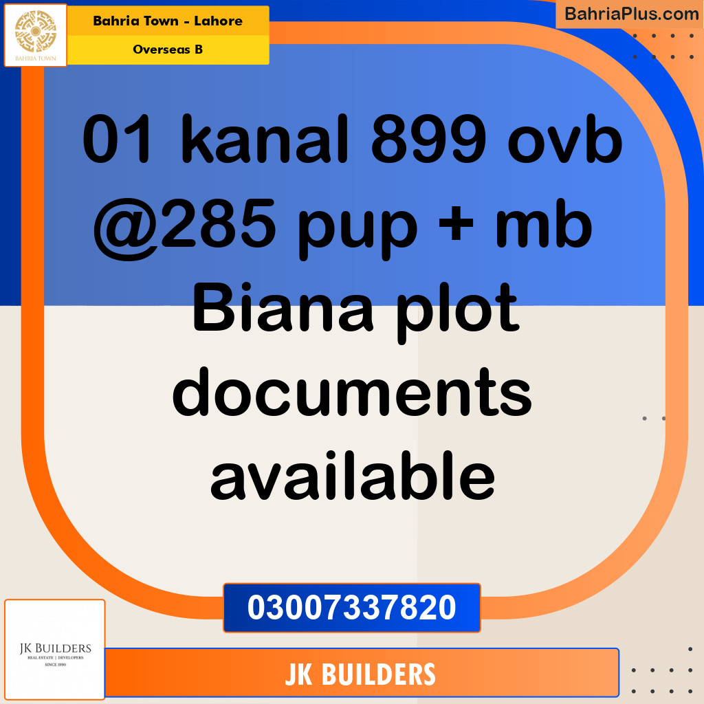 20 Marla Residential Plot for Sale in Overseas B -  Bahria Town, Lahore - (BP-283372)