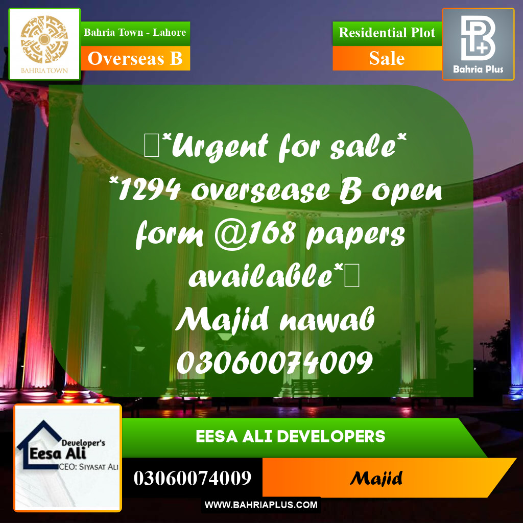 Residential Plot for Sale in Overseas B -  Bahria Town, Lahore - (BP-283381)
