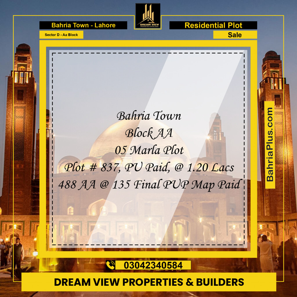 5 Marla Residential Plot for Sale in Sector D - AA Block -  Bahria Town, Lahore - (BP-283429)