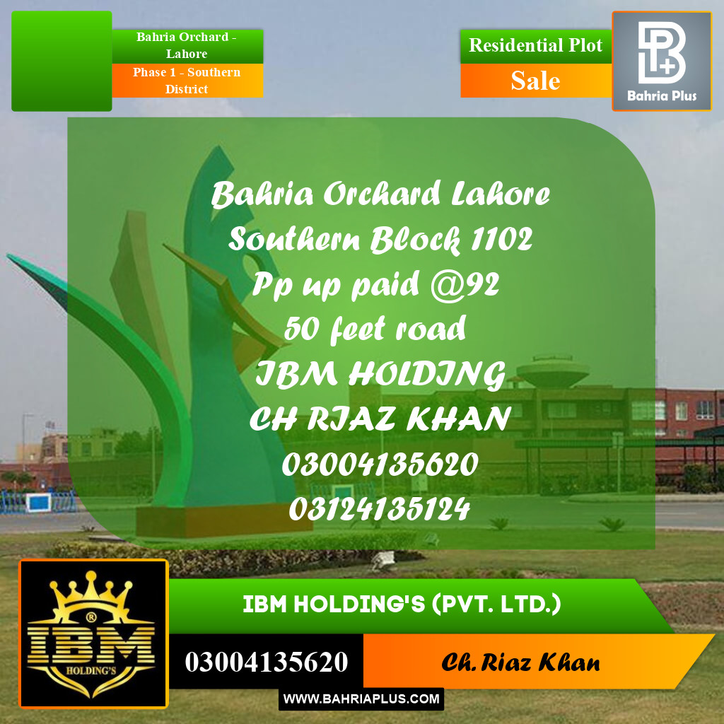 8 Marla Residential Plot for Sale in Phase 1 - Southern District -  Bahria Orchard, Lahore - (BP-283450)
