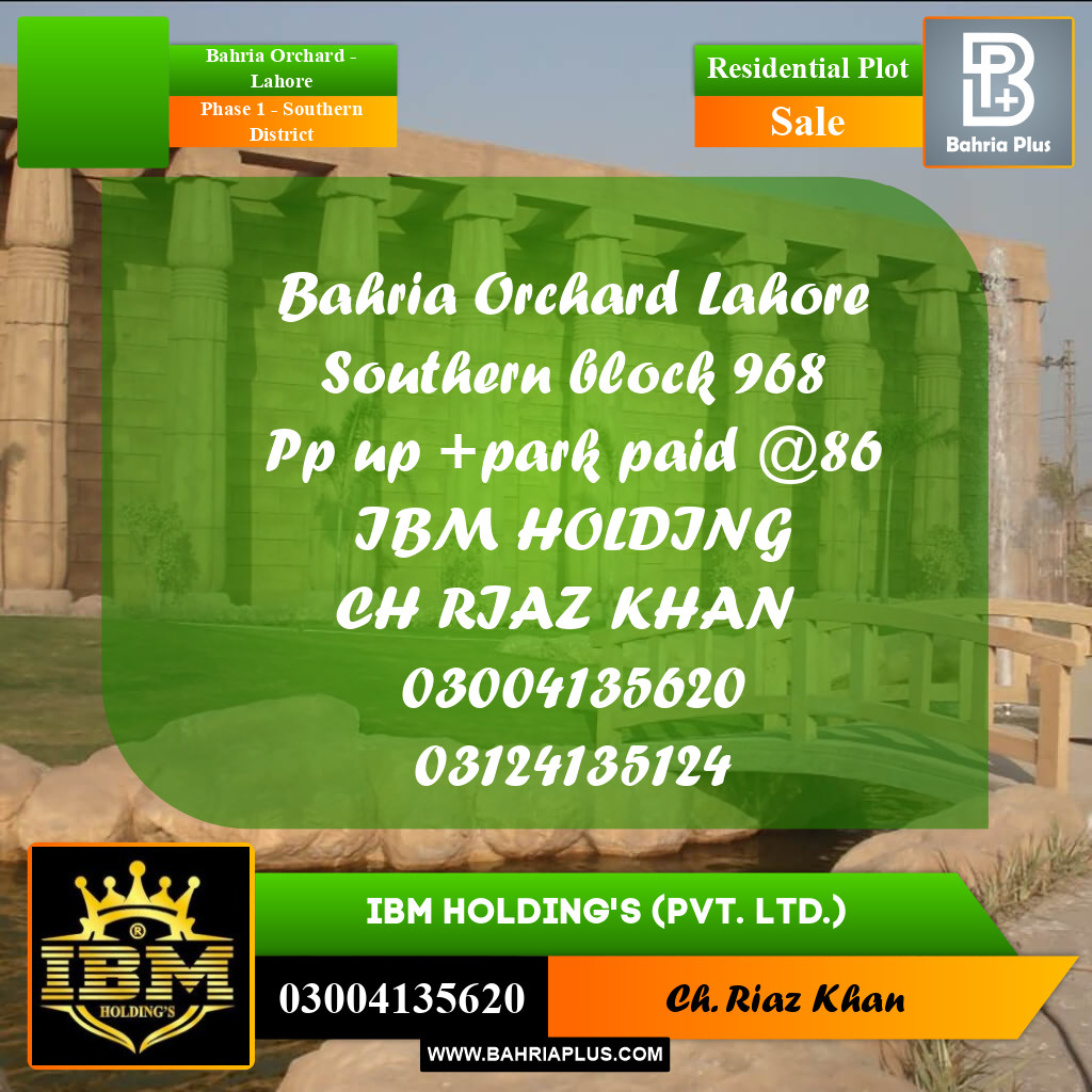 8 Marla Residential Plot for Sale in Phase 1 - Southern District -  Bahria Orchard, Lahore - (BP-283452)
