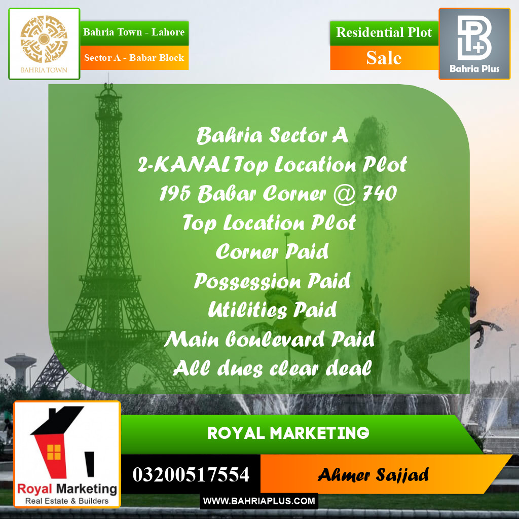 2 Kanal Residential Plot for Sale in Sector A - Babar Block -  Bahria Town, Lahore - (BP-283485)