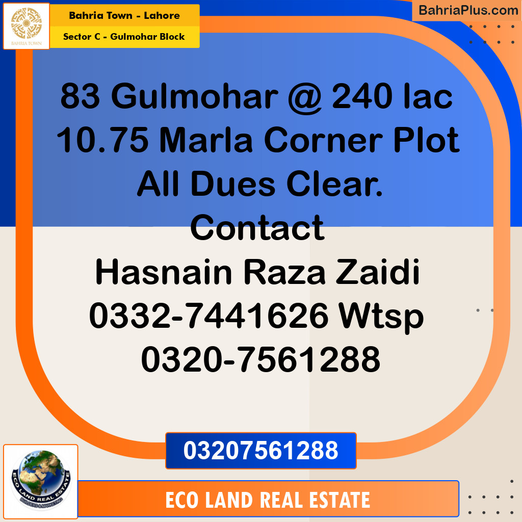 10.75 Marla Residential Plot for Sale in Sector C - Gulmohar Block -  Bahria Town, Lahore - (BP-283508)