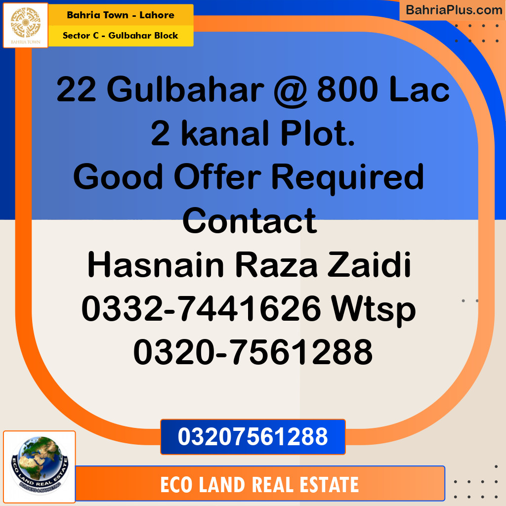 2 Kanal Residential Plot for Sale in Sector C - Gulbahar Block -  Bahria Town, Lahore - (BP-283522)