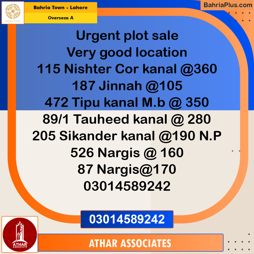 10 Marla Residential Plot for Sale in Overseas A -  Bahria Town, Lahore - (BP-283623)