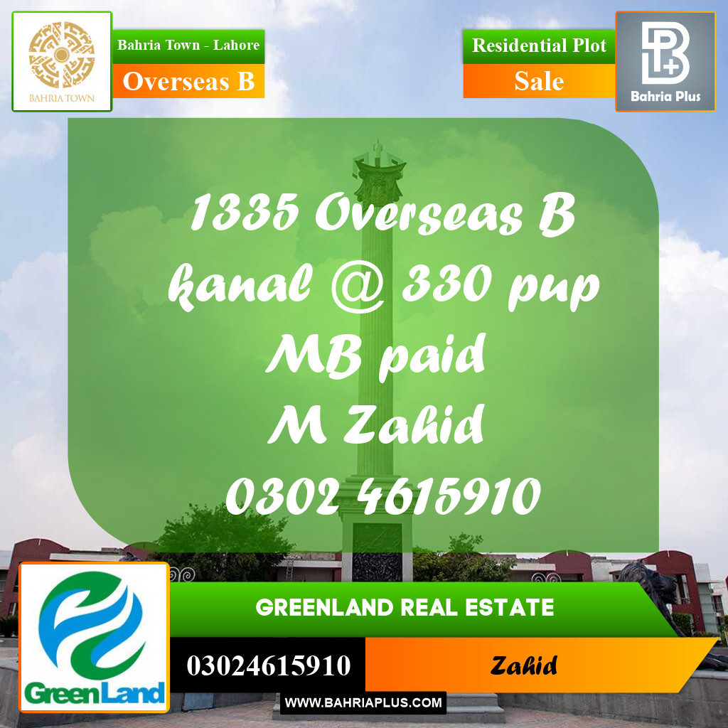 20 Marla Residential Plot for Sale in Overseas B -  Bahria Town, Lahore - (BP-283689)