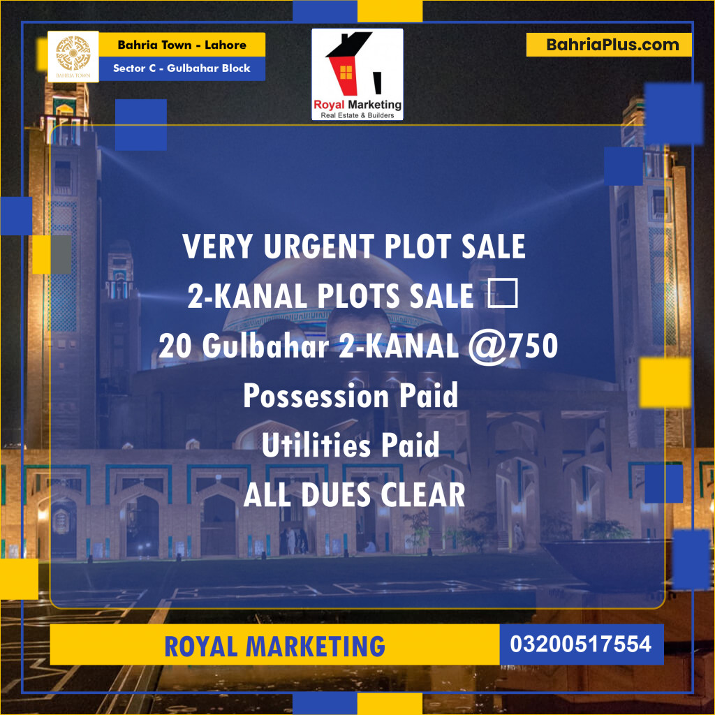 2 Kanal Residential Plot for Sale in Sector C - Gulbahar Block -  Bahria Town, Lahore - (BP-283694)