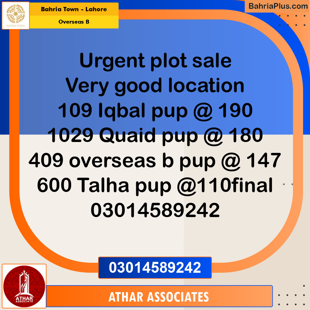 10 Marla Residential Plot for Sale in Overseas B -  Bahria Town, Lahore - (BP-283811)