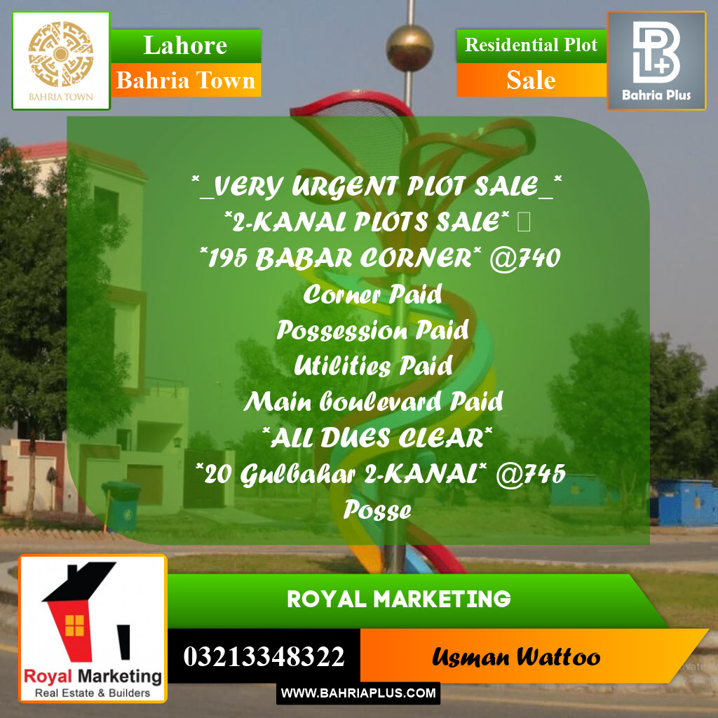 Residential Plot for Sale in Bahria Town, Lahore - (BP-283929)
