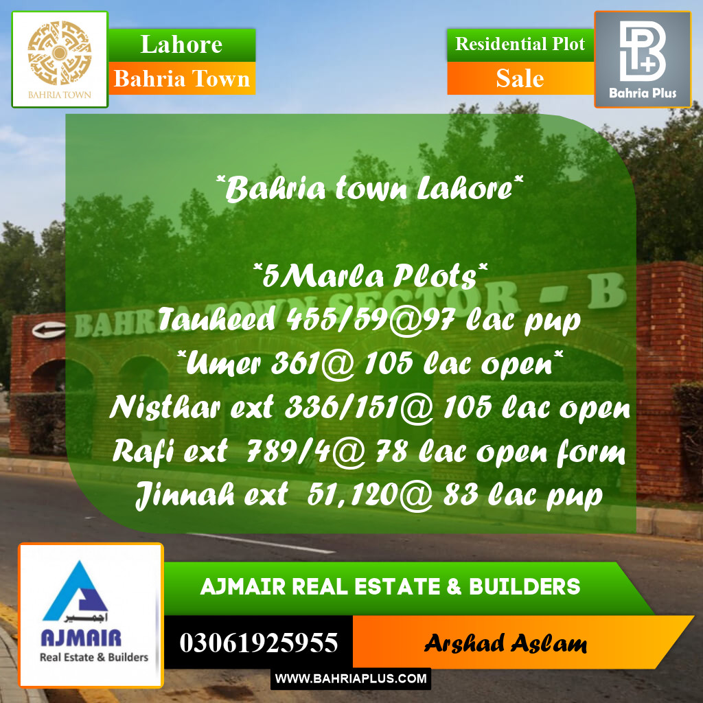 5 Marla Residential Plot for Sale in Bahria Town, Lahore - (BP-283942)