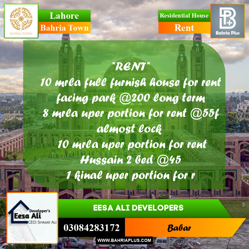 Residential House for Rent in Bahria Town, Lahore - (BP-283963)