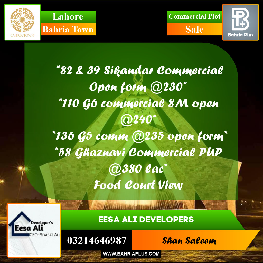 Commercial Plot for Sale in Bahria Town, Lahore - (BP-284067)