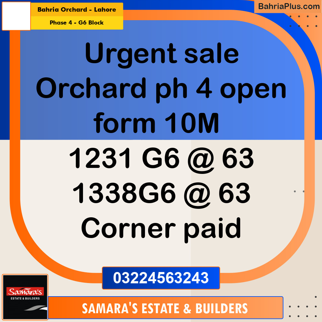 10 Marla Residential Plot for Sale in Phase 4 - G6 Block -  Bahria Orchard, Lahore - (BP-284148)